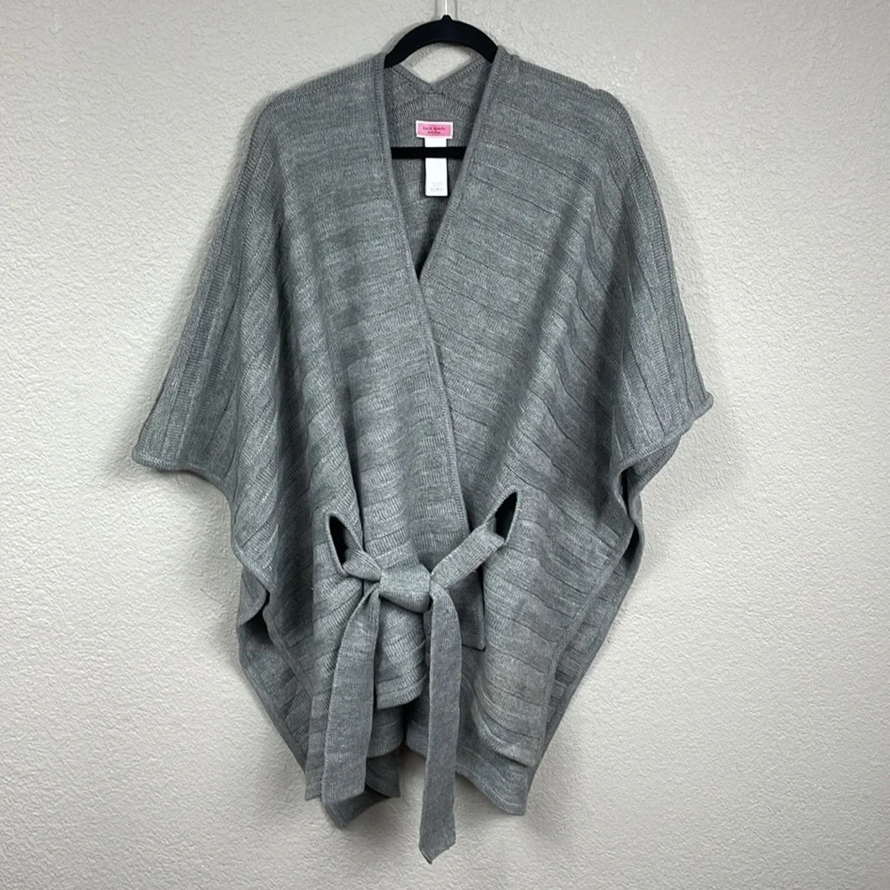 New Kate Spade Texture Stripe Belted Ruana Cape Cardigan One Size Wool Gray
